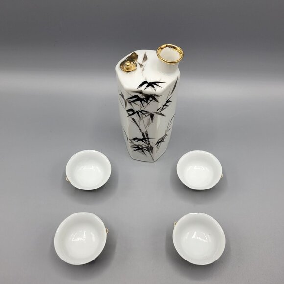 Vintage Whistling Gold Bird Bamboo Pattern Sake Set Bottle & 4 Cups Japan - Picture 3 of 16
